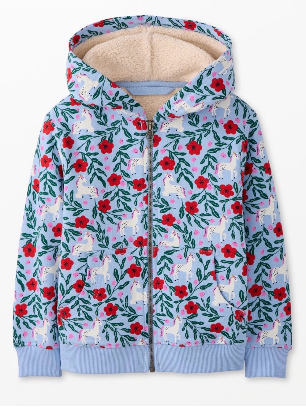 Hanna Andersson Girls Blue Floral Unicorn Sherpa Lined Zip Hoodie